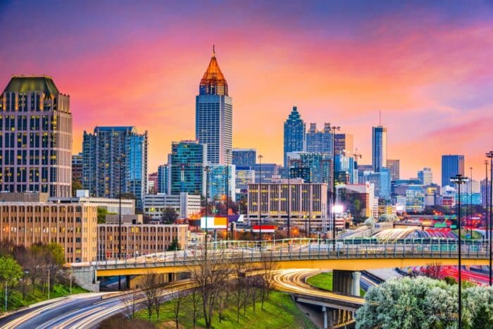 Atlanta, Georgia, USA downtown skyline at dusk.