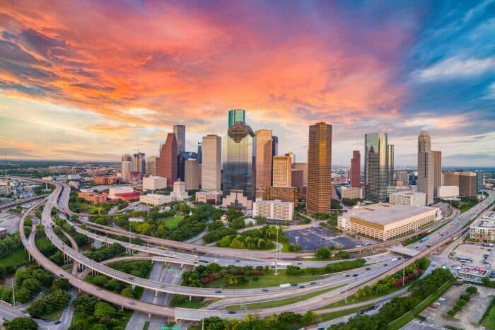 Houston, Texas, USA Drone Skyline Aerial Panorama.