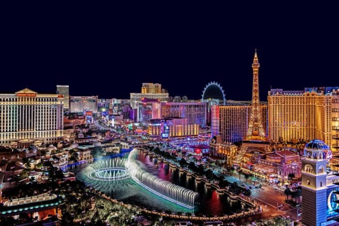 Panoramic view of Las Vegas strip at night in Nevada.