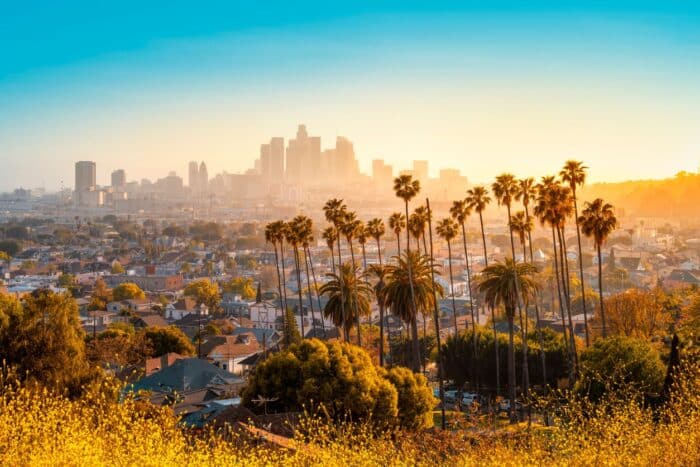 the skyline of los angeles during sunset